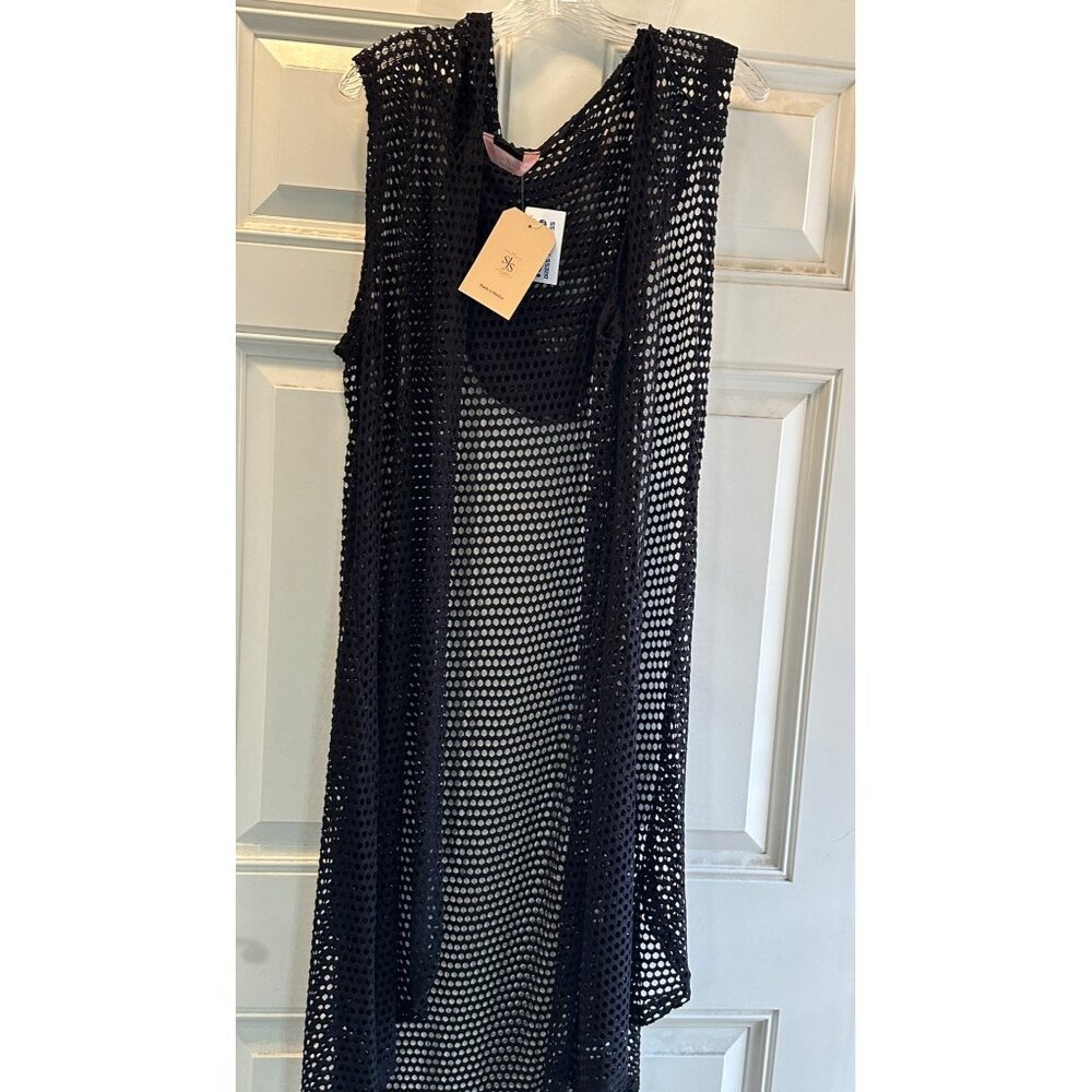 SJS hooded, women's mesh, open-front swimsuit coverup in black - Size L